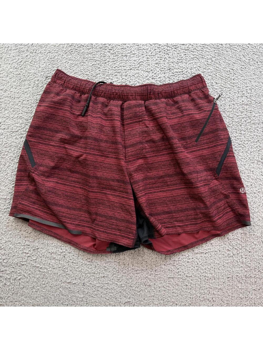 Lululemon Mens Red Heathered Lined Running Shorts Large Zip‎ Pocket Athletic
